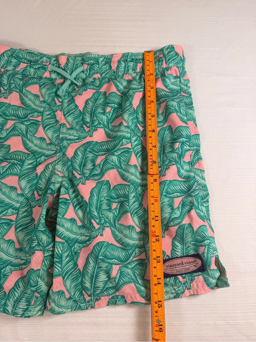 Vineyard Vines Green Leaf Print Swim Trunks on Pink